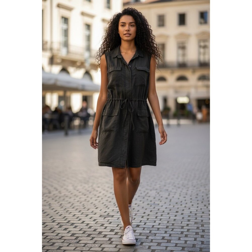 Buffalo David Bitton Black Utility Sleeveless Shirt Dress Size M Lyocell